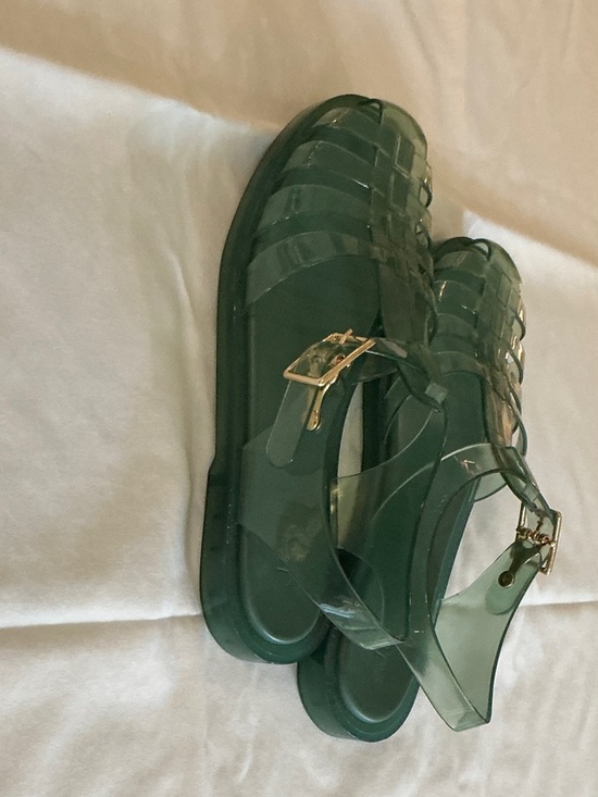 J. Crew Dark Green Jelly Sandals with Gold Buckles